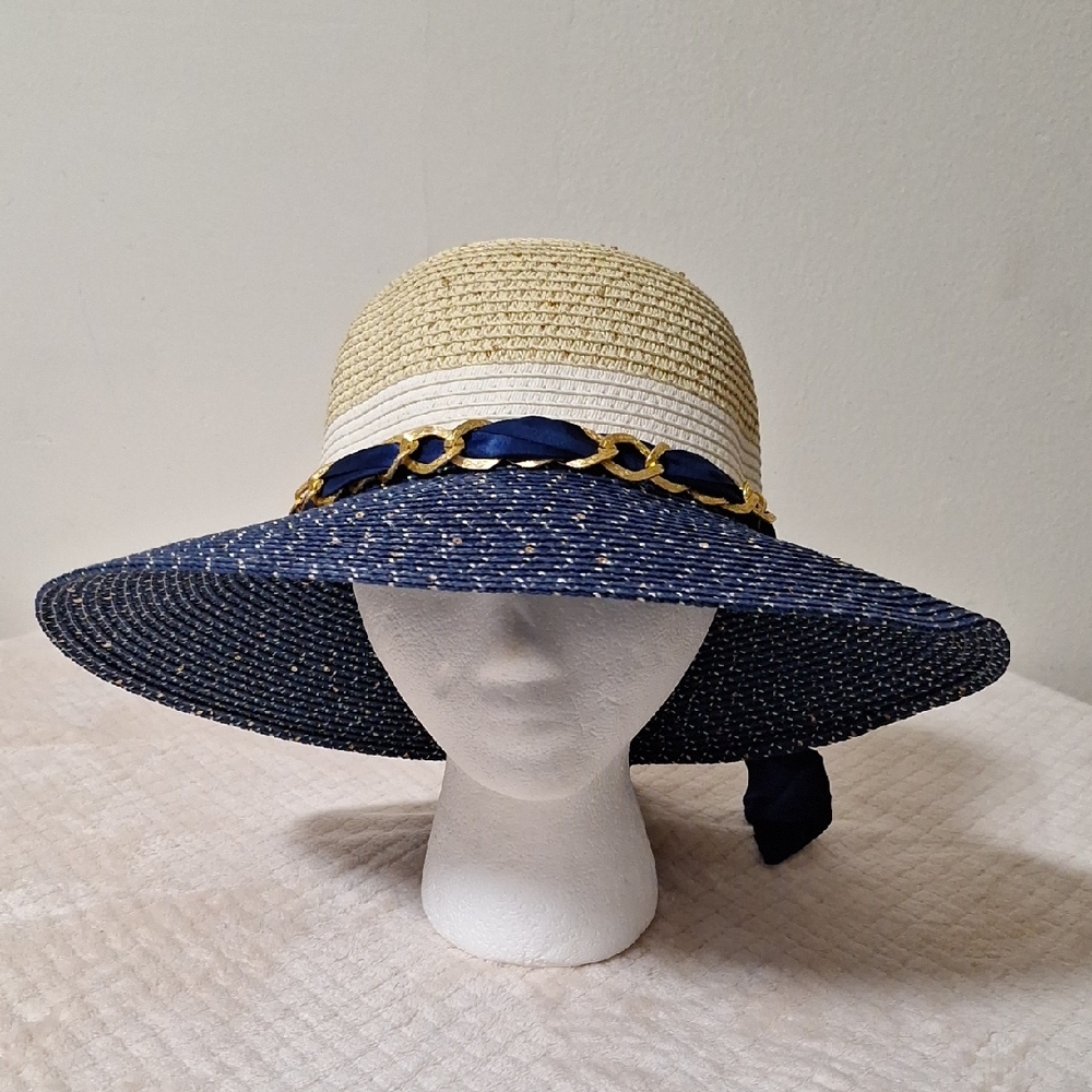 Elegant Navy and Cream Wide-Brim Hat